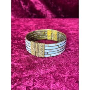 Vintage Jewelry Chunky Bracelet Brass w Inlaid Abalone Shell Hinged Pin Closure